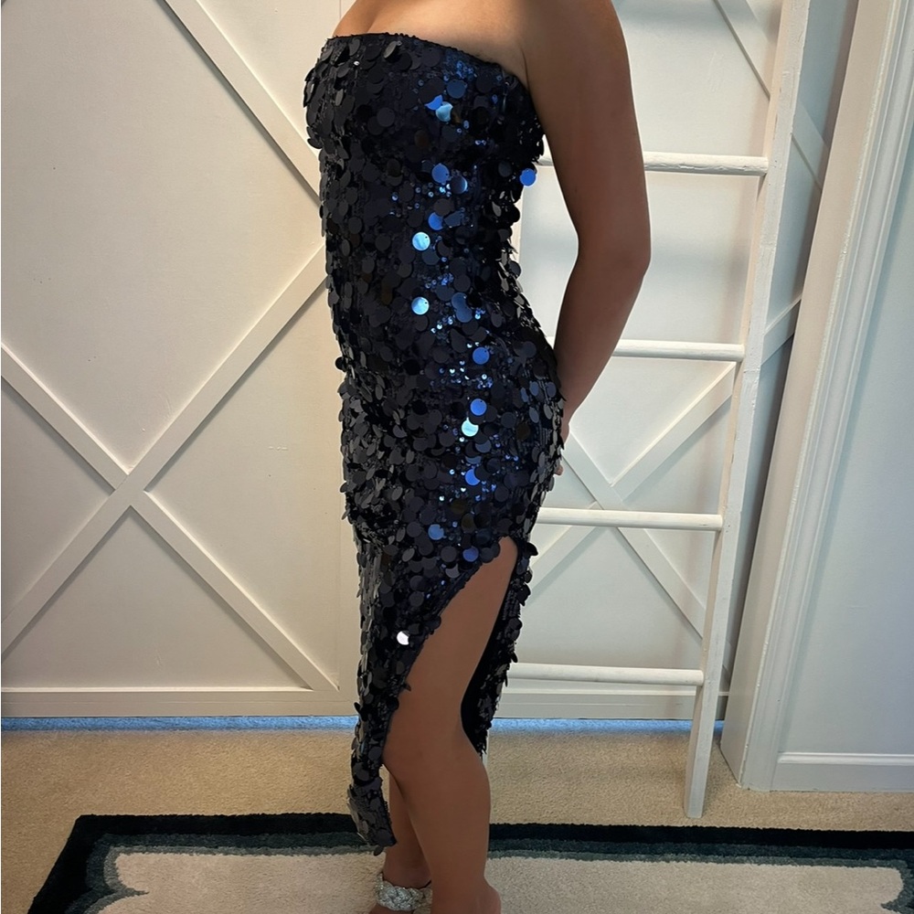 Brand new from Revolve. Elegant Navy Sequin Strapless Dress. Perfect for prom